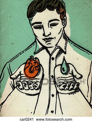 Clip Art - A man holding a heart on a palm and a tear drop on the other. Fotosearch
