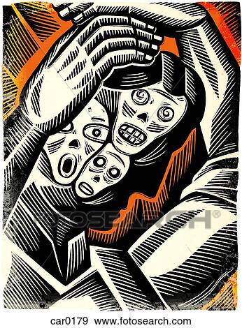 A man holding his head with three skulls inside View Large Illustration Stock Illustration - A man holding his head with three skulls inside. Fotosearch