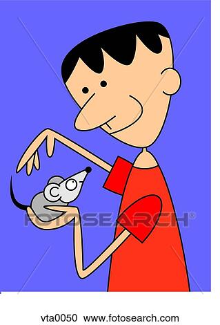 Clipart - A man looking at a mouse in his hand. Fotosearch