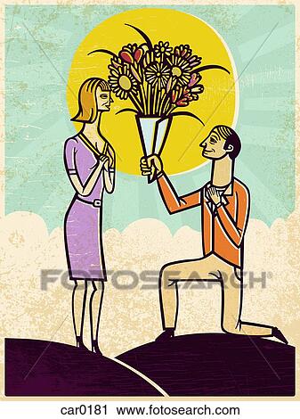 A man on bended knee handing flowers to a woman View Large Illustration Clip Art - A man on bended knee handing flowers to a woman. Fotosearch