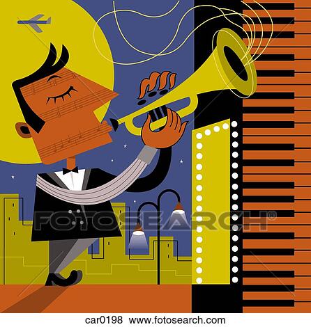 Stock Illustration - A man playing the trumpet outdoors, with a piano keyboard on the side. Fotosearch