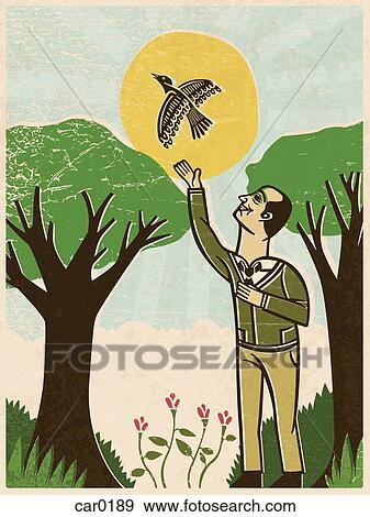 Stock Illustration - A man releasing a bird at a park. Fotosearch