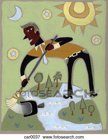 Stock Illustration - A man standing on earth, sweeping dirt into a dust pan. Fotosearch