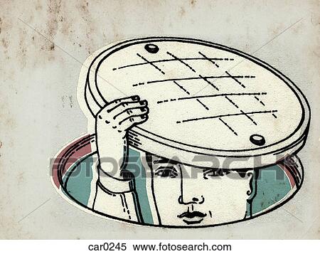 Stock Illustration - A man sticking his head out of a manhole. Fotosearch