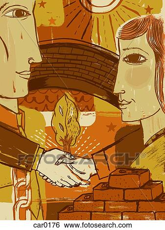 A man tied to a chain shaking hands with a woman behind a brick wall View Large Illustration Stock Illustration - A man tied to a chain shaking hands with a woman behind a brick wall. Fotosearch