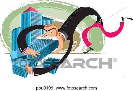 Stock Illustration - A man trying to stuff a tall building down his throat. Fotosearch