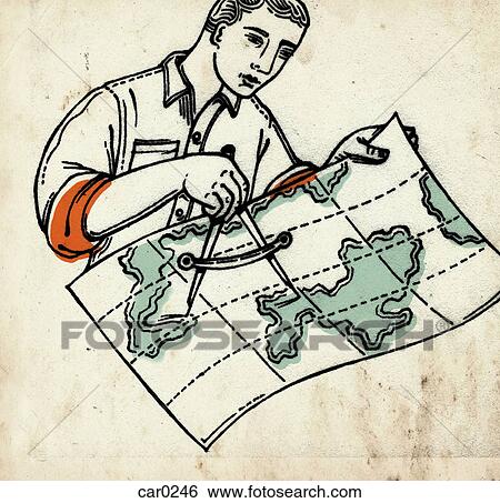A man using a compass to measure distance on a map View Large Illustration Stock Illustration - A man using a compass to measure distance on a map. Fotosearch