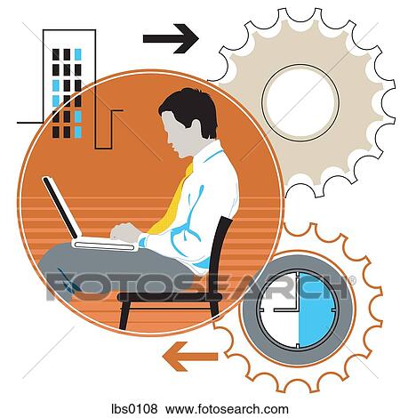 A man using his laptop computer, with a collage of gears and clock View Large Illustration Stock Illustration - A man using his laptop computer, with a collage of gears and clock. Fotosearch
