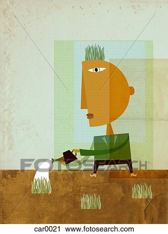 Clip Art - A man watering patches of grass. Fotosearch