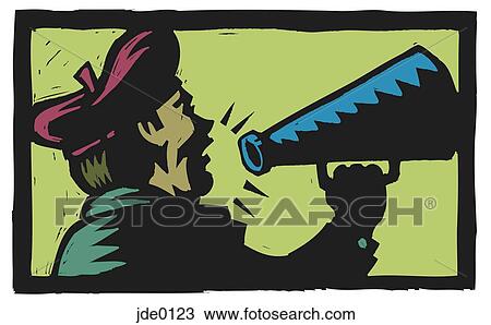 Drawing - A man wearing a red beret yelling into a megaphone. Fotosearch