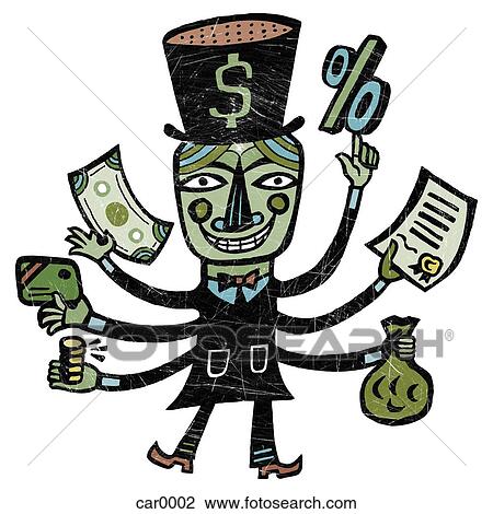 Drawing - A man with top hat and six arms holding various types of money. Fotosearch