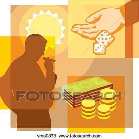 A montage of a man smoking cigar, money, sun, and hand throwing a pair of dice View Large Illustration Stock Illustration - A montage of a man smoking cigar, money, sun, and hand throwing a pair of dice. Fotosearch