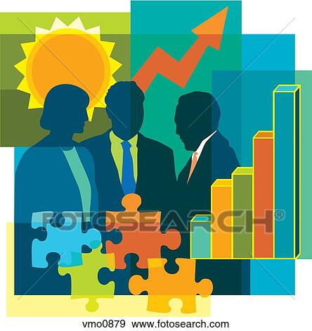 Stock Illustration - A montage of a woman and two men, bar graph, puzzle pieces, and sun. Fotosearch