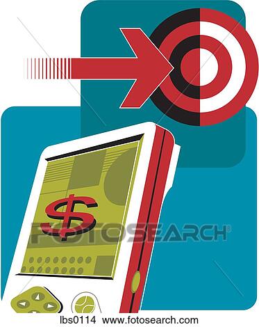 Stock Illustration - A PDA with dollar sign on screen, and an arrow pointing on target. Fotosearch