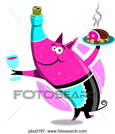 Stock Illustration - A pig shaped as wine bottle serving pork roast and glass of wine. Fotosearch