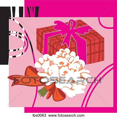 Drawing - A present wrapped in plaid paper and pink bow, with a bouquet of white flowers. Fotosearch