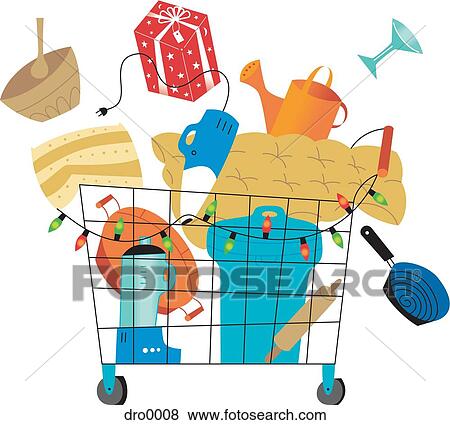 A shopping cart containing various products View Large Illustration Stock Illustration - A shopping cart containing various products. Fotosearch