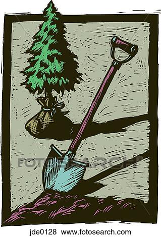 Stock Illustration - A tree being planted with a shovel and dirt in the foreground. Fotosearch