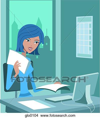 Stock Illustration - A woman doing paperwork while sitting at desk in front of computer. Fotosearch