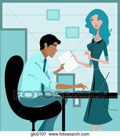 Stock Illustration - A woman handing over report to male colleague at office. Fotosearch