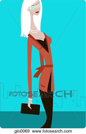 Stock Illustration - A woman holding a clutch purse and walking on the street. Fotosearch
