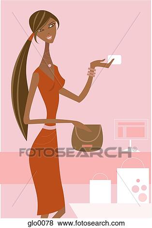 Stock Illustration - A woman holding her purse and handing over her credit card while making a purchase. Fotosearch