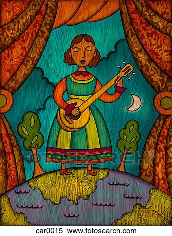 Stock Illustration - A woman playing banjo and singing on stage. Fotosearch