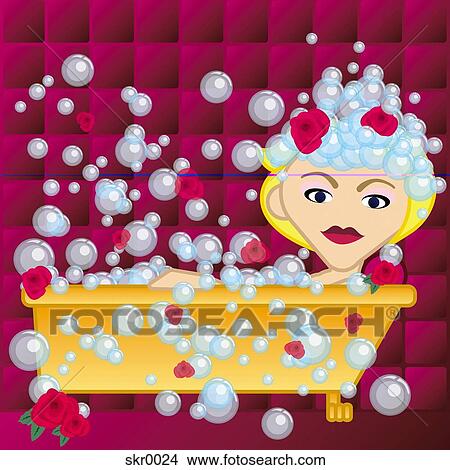 Stock Illustration - A woman relaxing in a rose scented bubble bath. Fotosearch