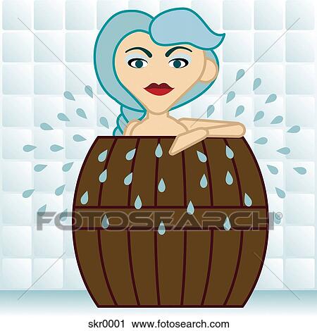 Clip Art - A woman soaking in a barrel tub. Fotosearch