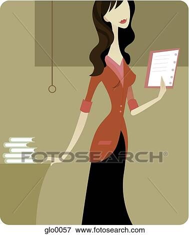 A woman standing at desk while holding a notebook View Large Illustration Stock Illustration - A woman standing at desk while holding a notebook. Fotosearch