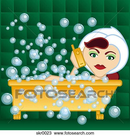 Drawing - A woman talking on her cell phone while soaking in a bubble bath. Fotosearch