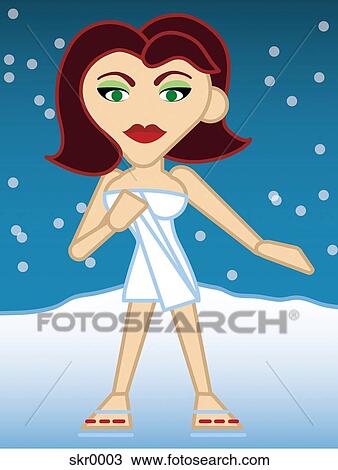 Drawing - A woman walking in the snow after a hot sauna. Fotosearch