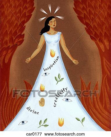 A woman wearing a long white gown with words and symbols on it View Large Illustration Stock Illustration - A woman wearing a long white gown with words and symbols on it. Fotosearch