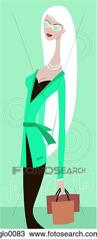A woman wearing sunglasses, holding bags View Large Illustration Drawing - A woman wearing sunglasses, holding bags. Fotosearch