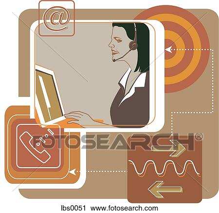 Clip Art - A woman with headset, in front of computer. Fotosearch