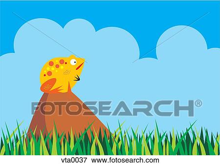 Stock Illustration - A yellow frog sitting on a tiny hill on grass. Fotosearch