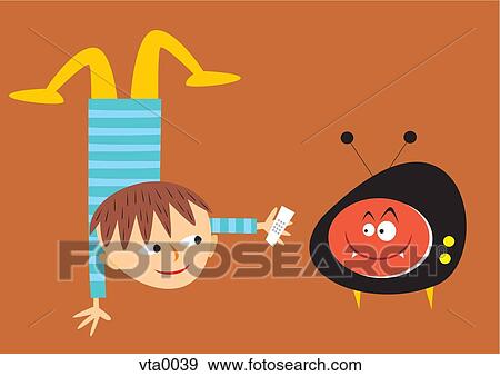 Boy doing one-arm handstand and aiming remote control on television View Large Illustration Stock Illustration - Boy doing one-arm handstand and aiming remote control on television. Fotosearch