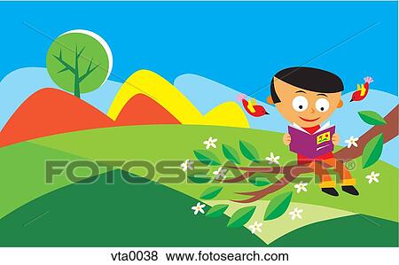 Stock Illustration - Boy reading book while sitting on a tree branch. Fotosearch