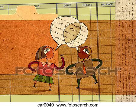 Business people talking, with speech bubbles coming from their mouths, standing against files in the background View Large Illustration Clipart - Business people talking, with speech bubbles coming from their mouths, standing against files in the background. Fotosearch