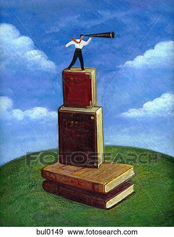 Businessman looking through a telescope while standing on a stack of huge books View Large Illustration Stock Illustration - Businessman looking through a telescope while standing on a stack of huge books. Fotosearch