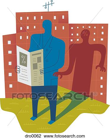 Businessman reading newspaper, with shadow behind signifying Interest thief View Large Illustration Drawing - Businessman reading newspaper, with shadow behind signifying Interest thief. Fotosearch