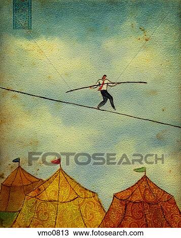 Businessman walking a tightrope above circus tents View Large Illustration Drawing - Businessman walking a tightrope above circus tents. Fotosearch