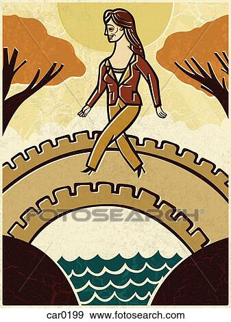 Stock Illustration - Businesswoman walking on a bridge over a river. Fotosearch