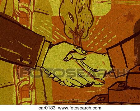 Drawing - Closeup of a handshake with a chain in the background. Fotosearch