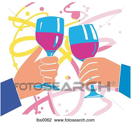 Drawing - Closeup of two human hands toasting a party with two wine glasses. Fotosearch
