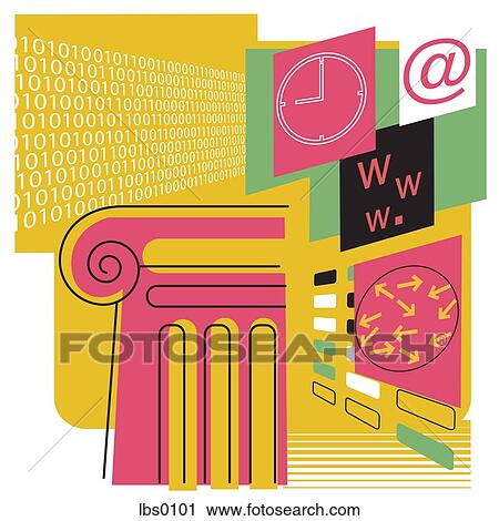 Collage depicting the time, internet, law and binary code View Large Illustration Clip Art - Collage depicting the time, internet, law and binary code. Fotosearch