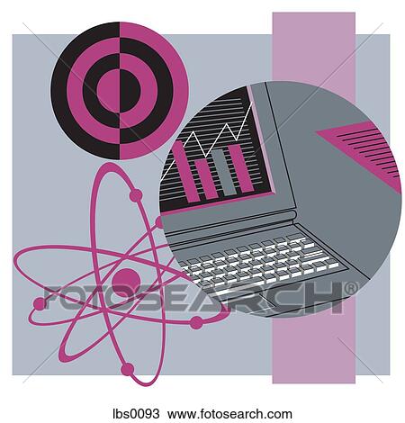 Drawing - Collage of a laptop and an atom. Fotosearch
