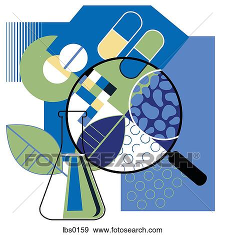 Stock Illustration - Collage of a magnifying glass looking at pills, beaker and plant. Fotosearch