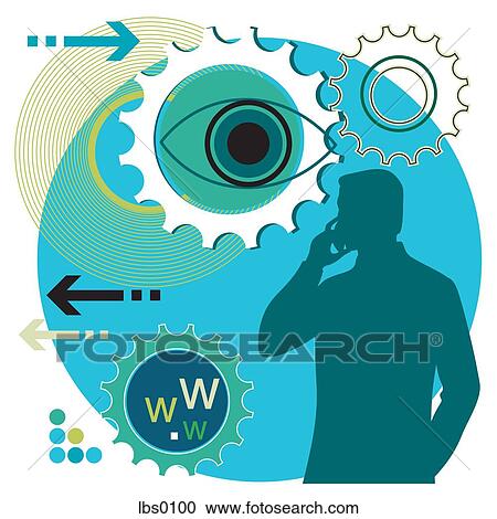 Clipart - Collage of a man, an eye, gears and internet. Fotosearch