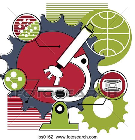 Collage of a microscope, molecules and gears View Large Illustration Drawing - Collage of a microscope, molecules and gears. Fotosearch